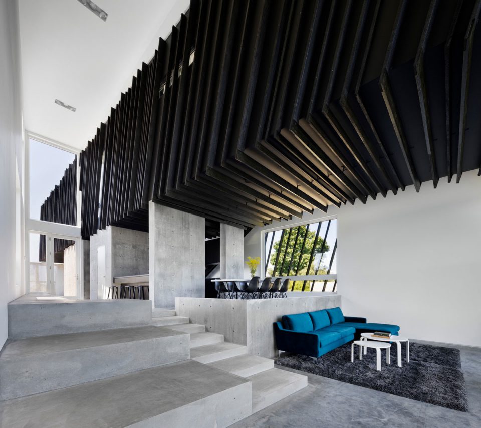 Photo of a concrete living room with black timber cladding