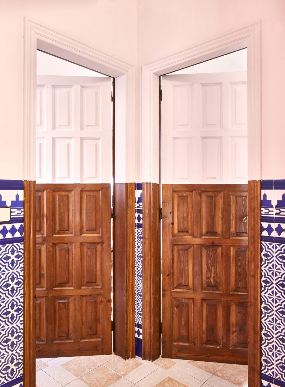 Two side-by-side doors open