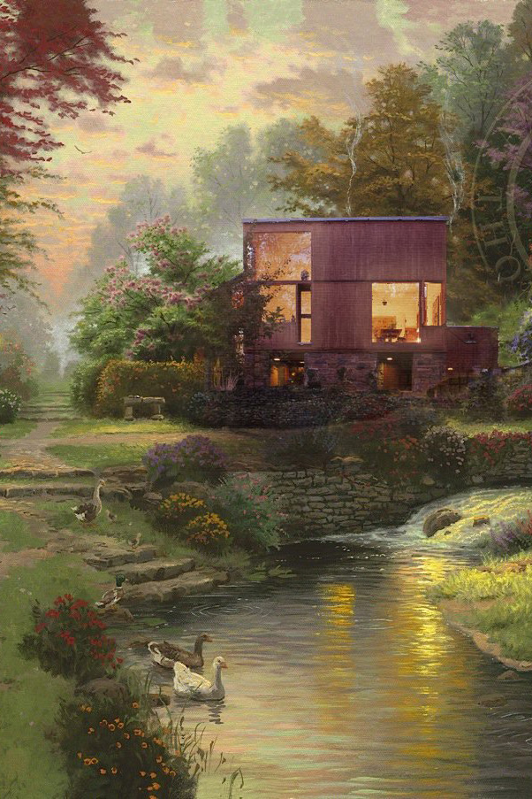 Painting of a modernist house in Kinkade style