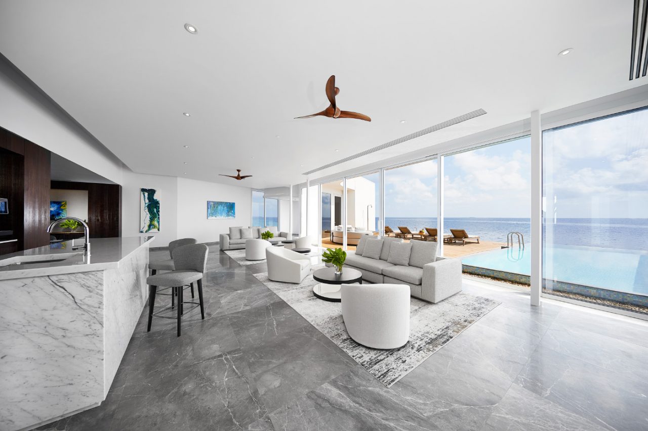 A concrete beach house interior