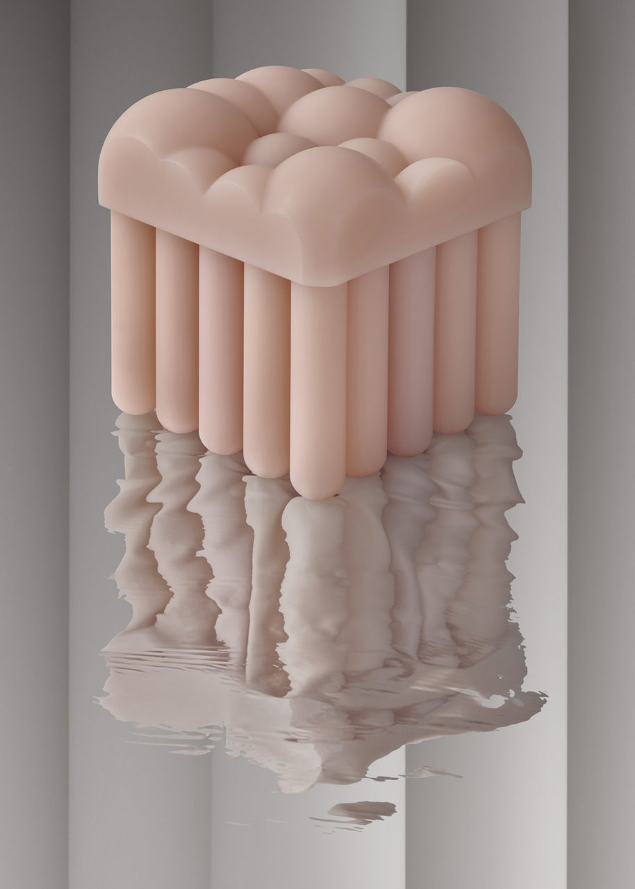 a rendering of an organic, cloud-shaped table with column-like legs set on a reflective surface