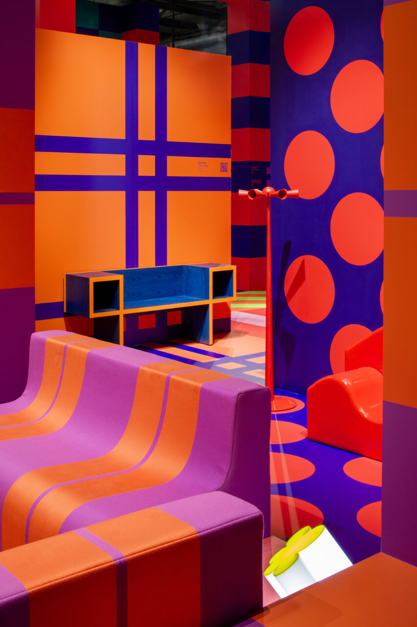 colorful and patterned booth design at Salone del Mobile