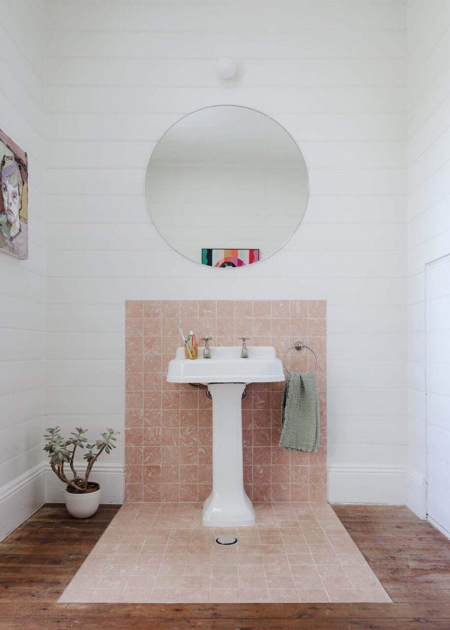 pink tile in bathroom