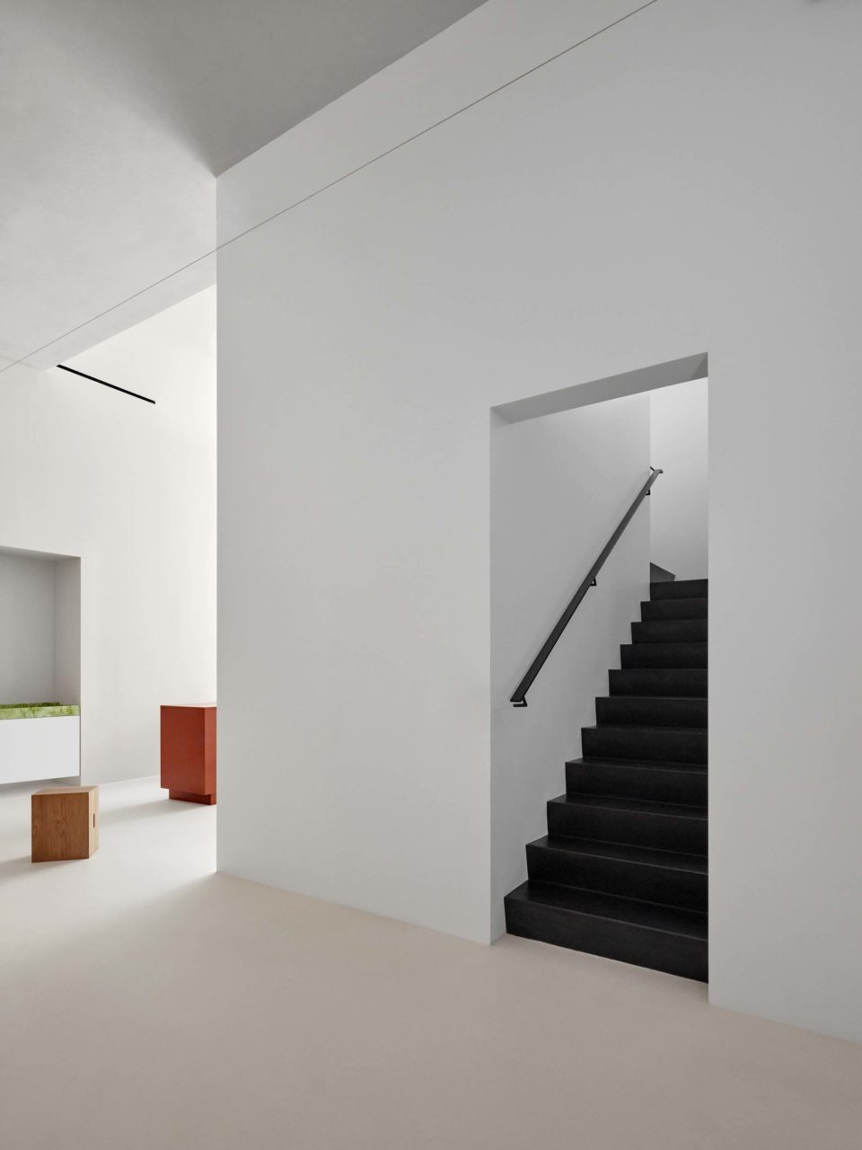 black staircase and white interiors