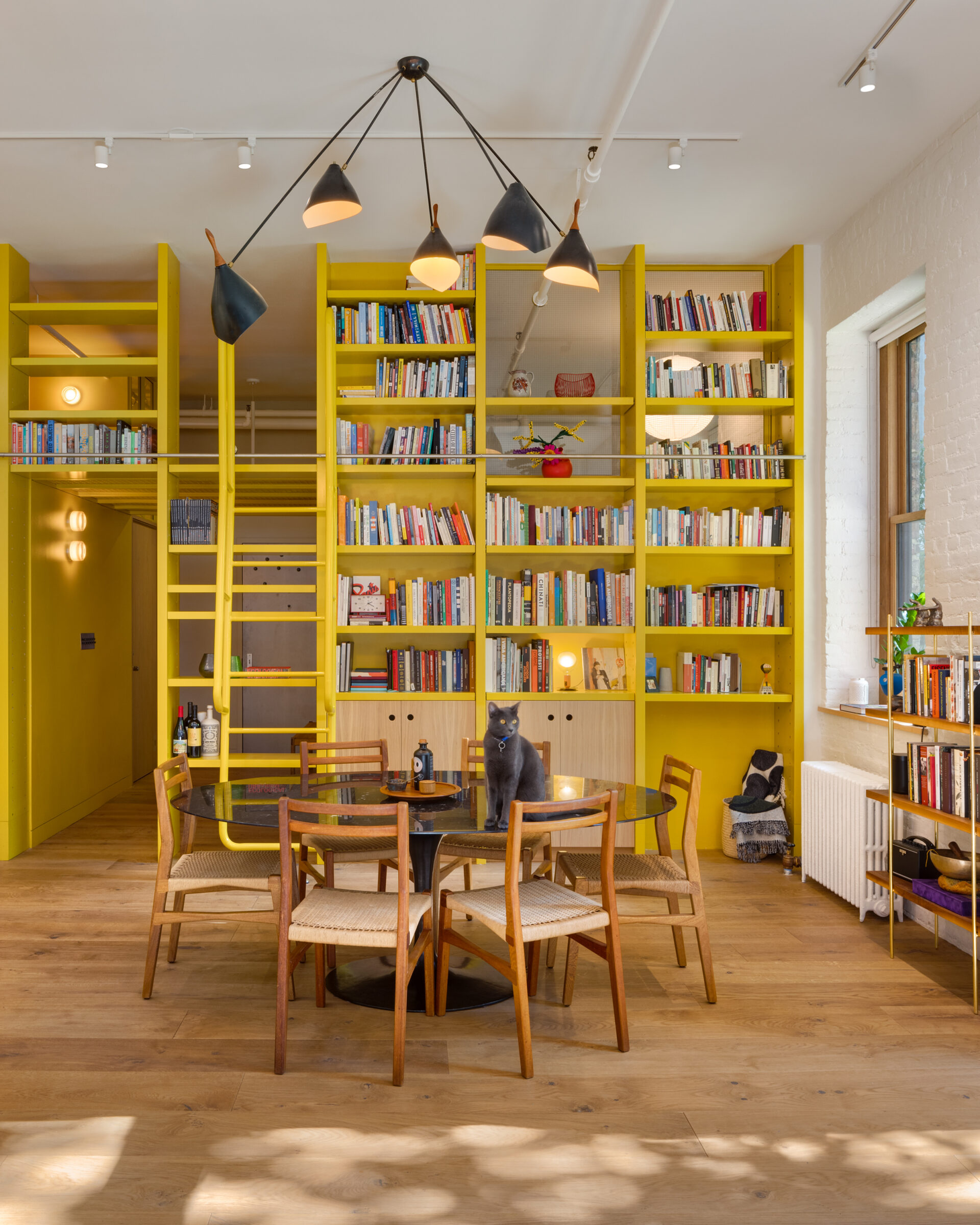 yellow bookshelf unit