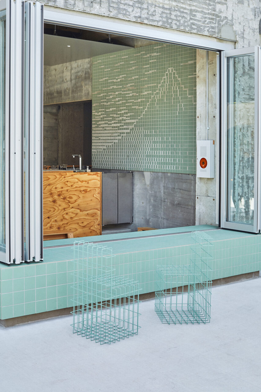 Japanese bathhouse with wired mesh seating