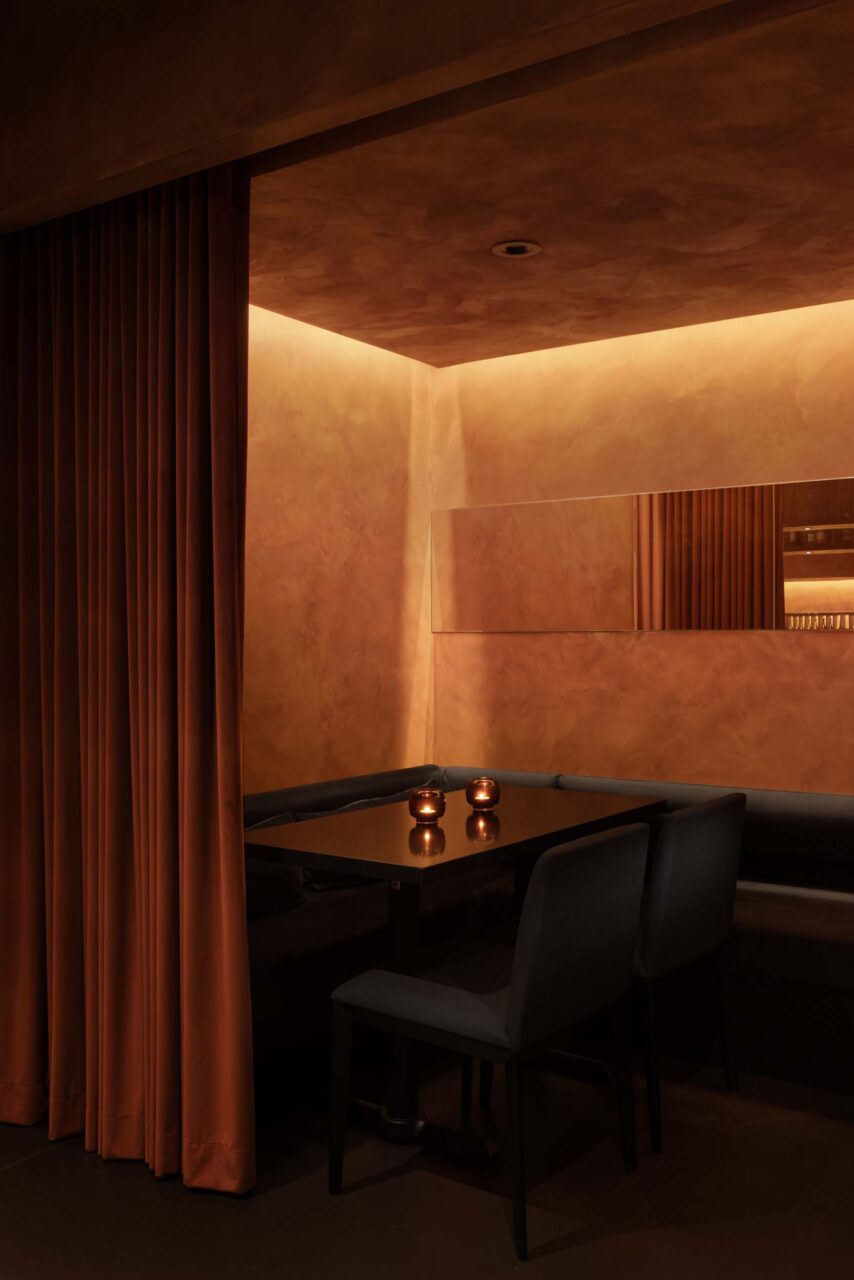 curtains and banquette seating