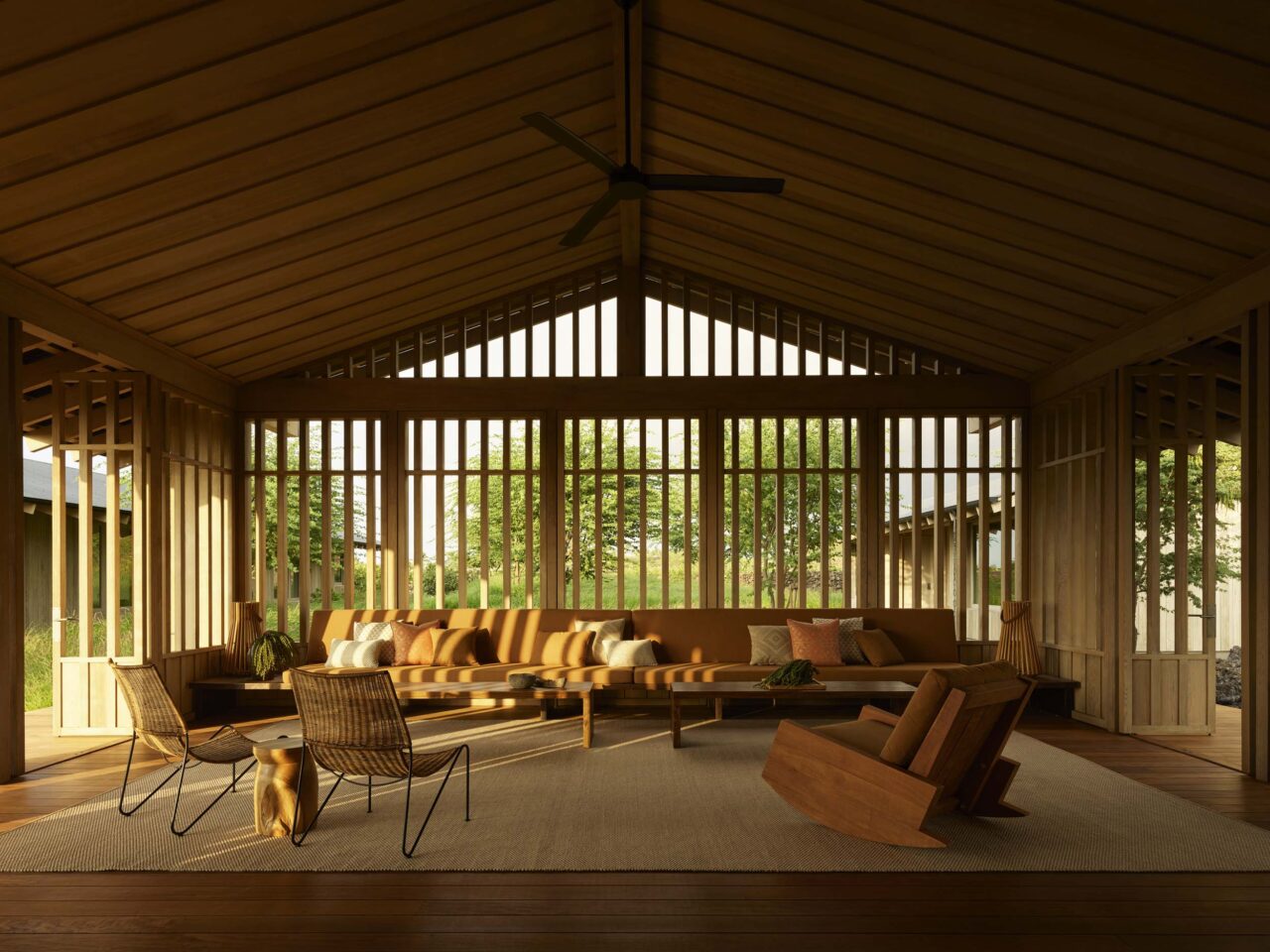 A minimalist living room with slatted oak designed by Walker Warner