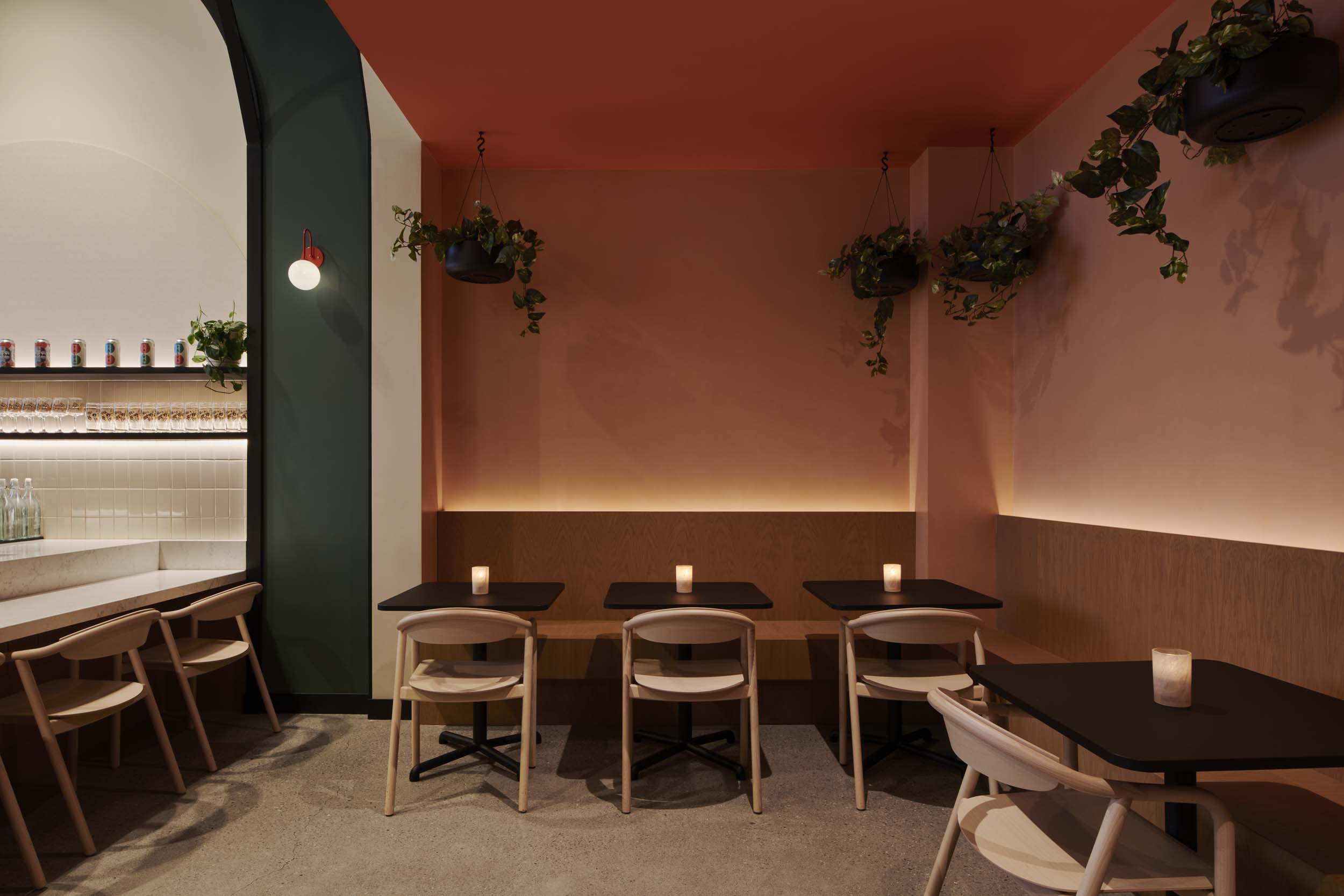 The peachy dining room at the back of Bryant Park Talea was designed by ALA Studio