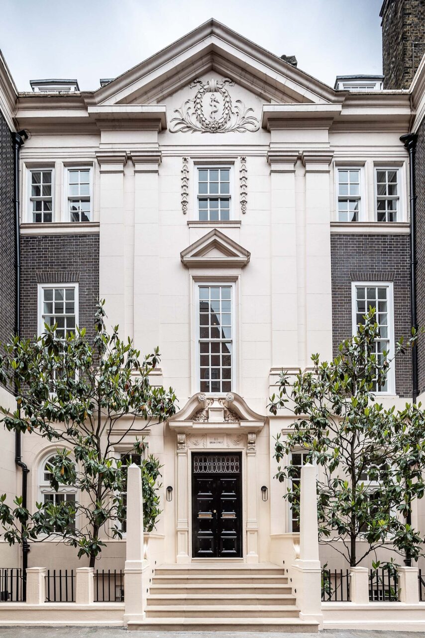 An exterior of a French-inspired, 1725 classical building in London