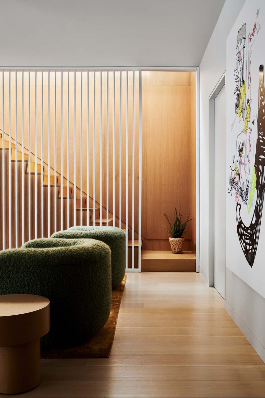 A stairwell with vertical slats designed by Bernheimer