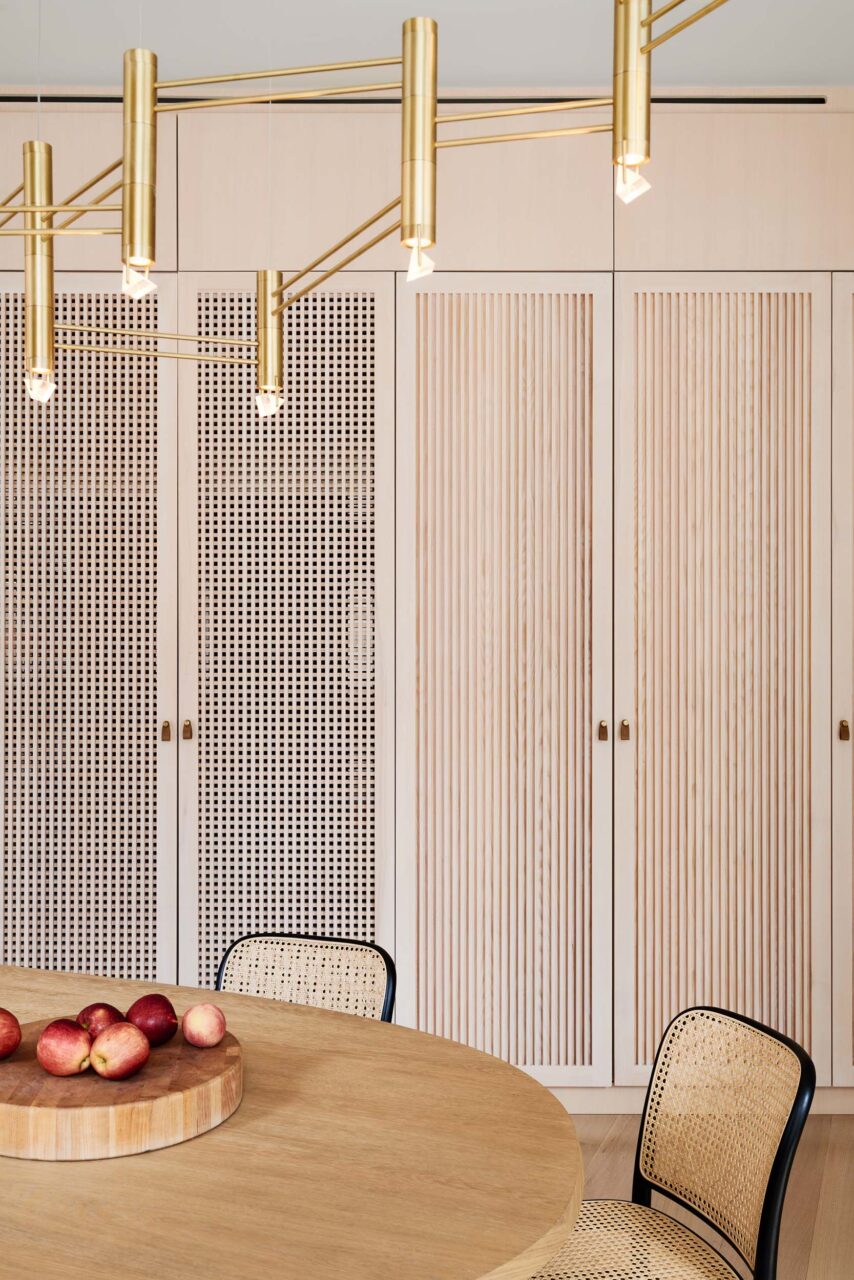 The dining room and cabinets in a Tribeca triplex