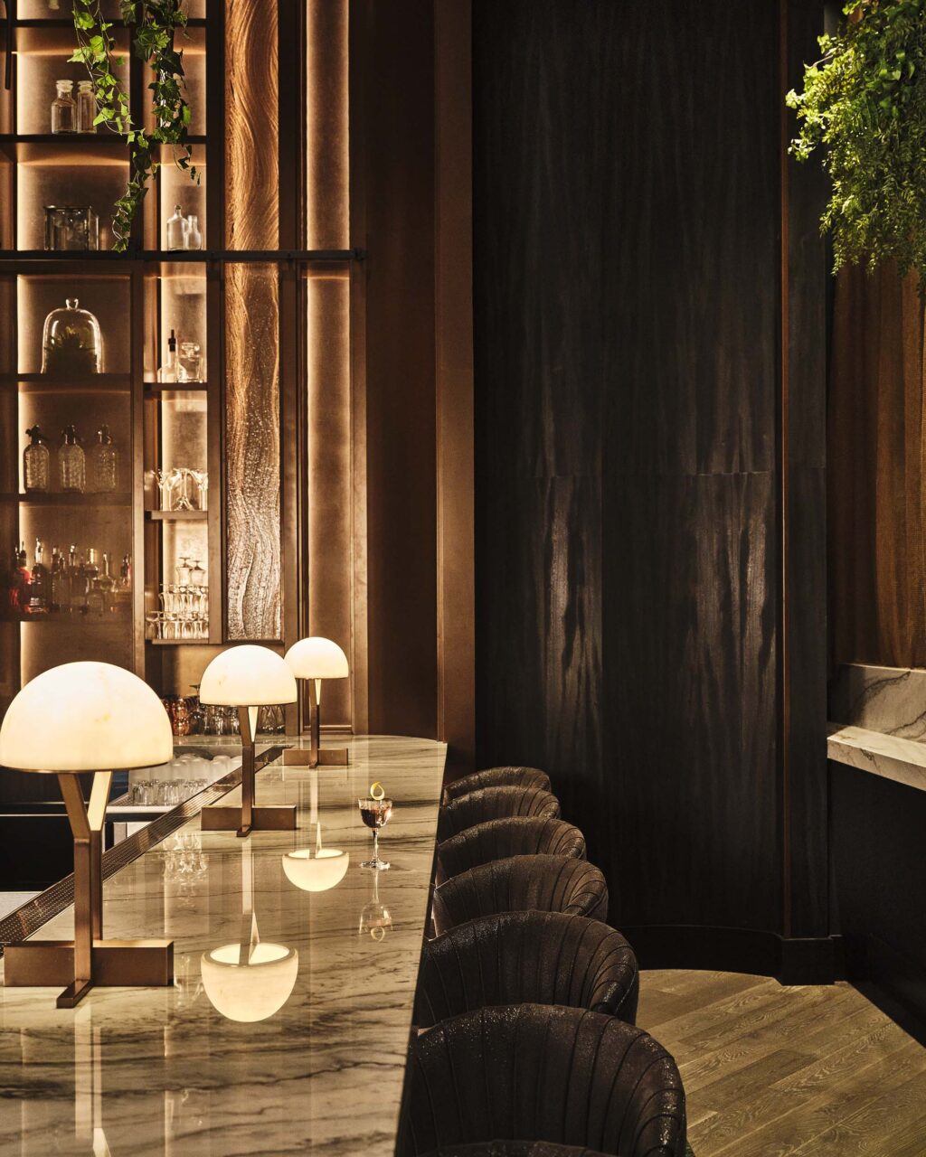 Meadowrue's bar features a series of table lamps