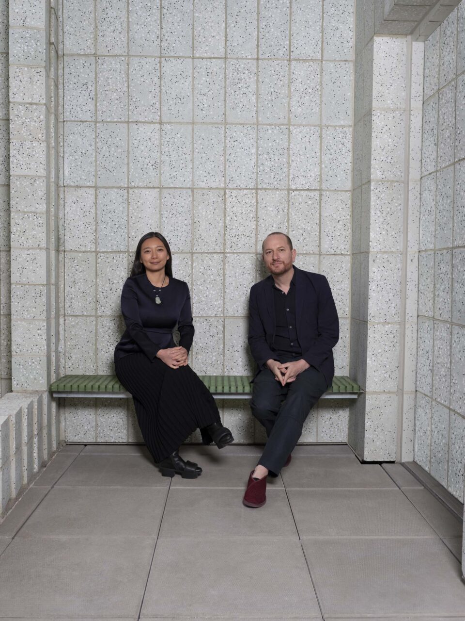 Jing Liu and Florian Idenburg on a bench