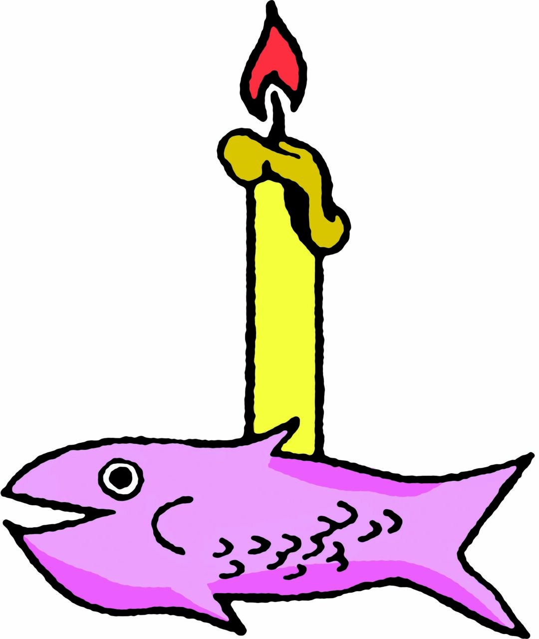 A candle sits inside a fish-like base, illustrated by Elizabeth Goodspeed