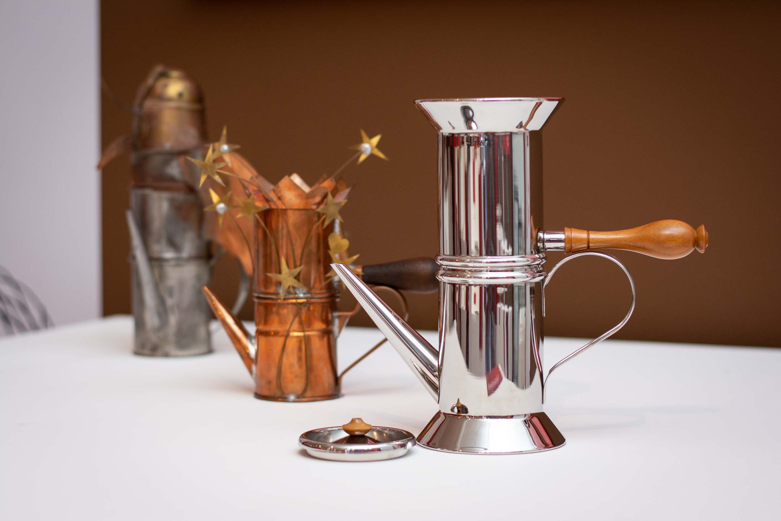 The 90018 Neapolitan coffee maker by Riccardo Dalisi alongside his star-studded Prototipi di latta Neapolitan coffee maker
