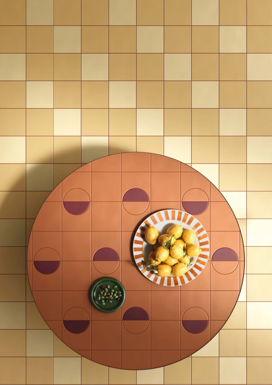 Tiles with a tiled circle on top from Quintessenza Ceramiche