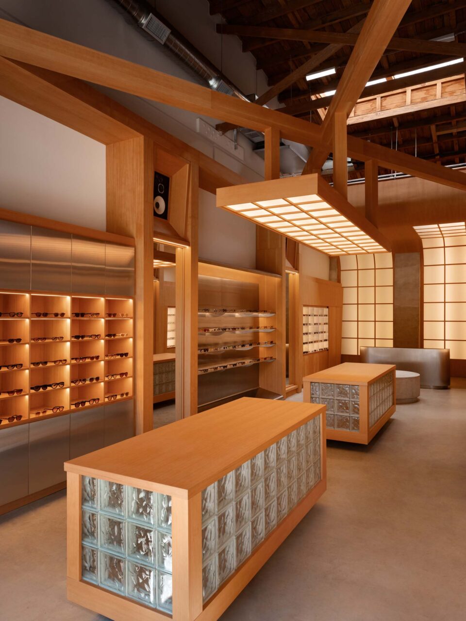 inside of Akila by 22RE lined with shelves of eyeglasses