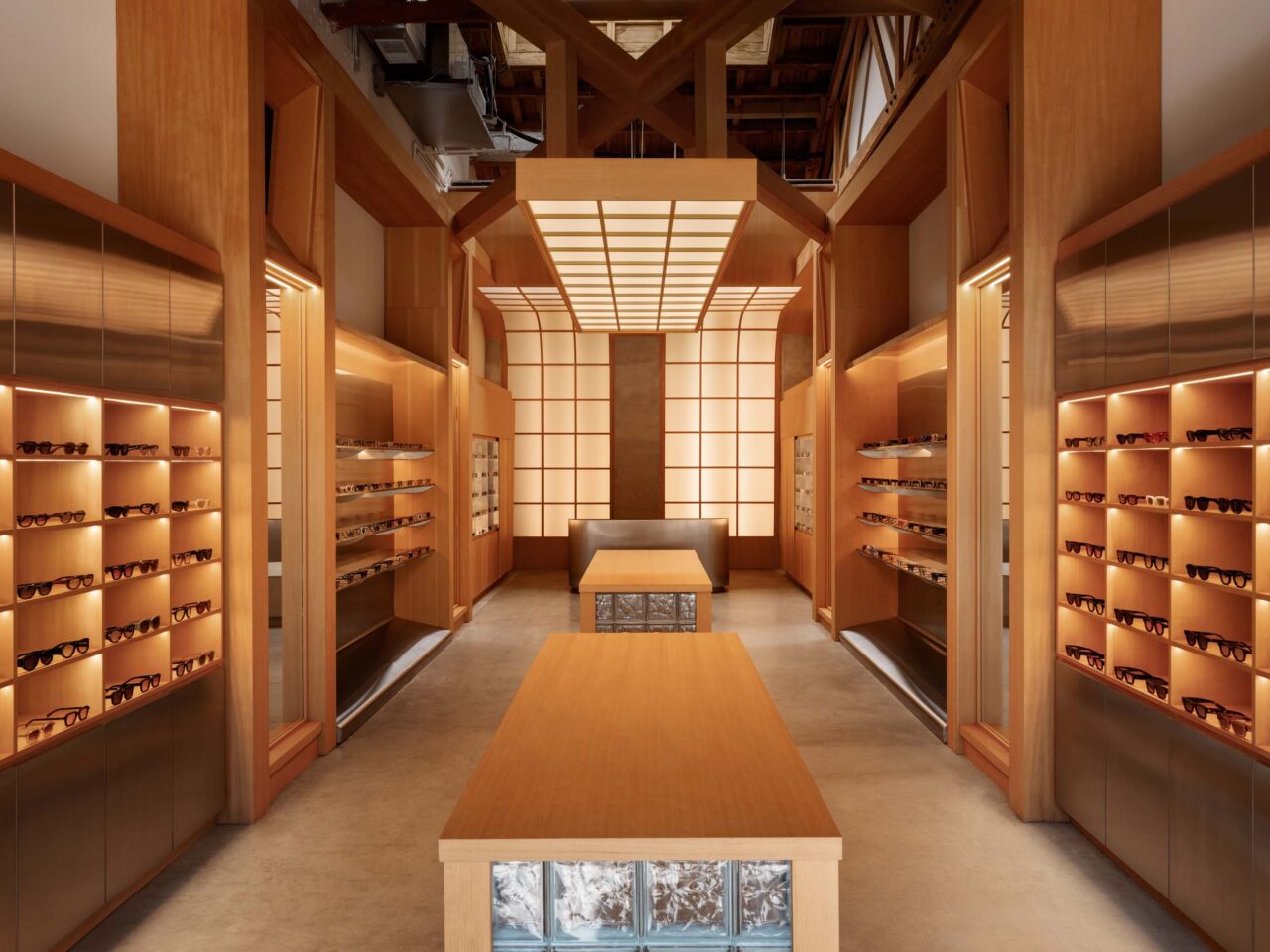 inside of Akila by 22RE lined with shelves of eyeglasses