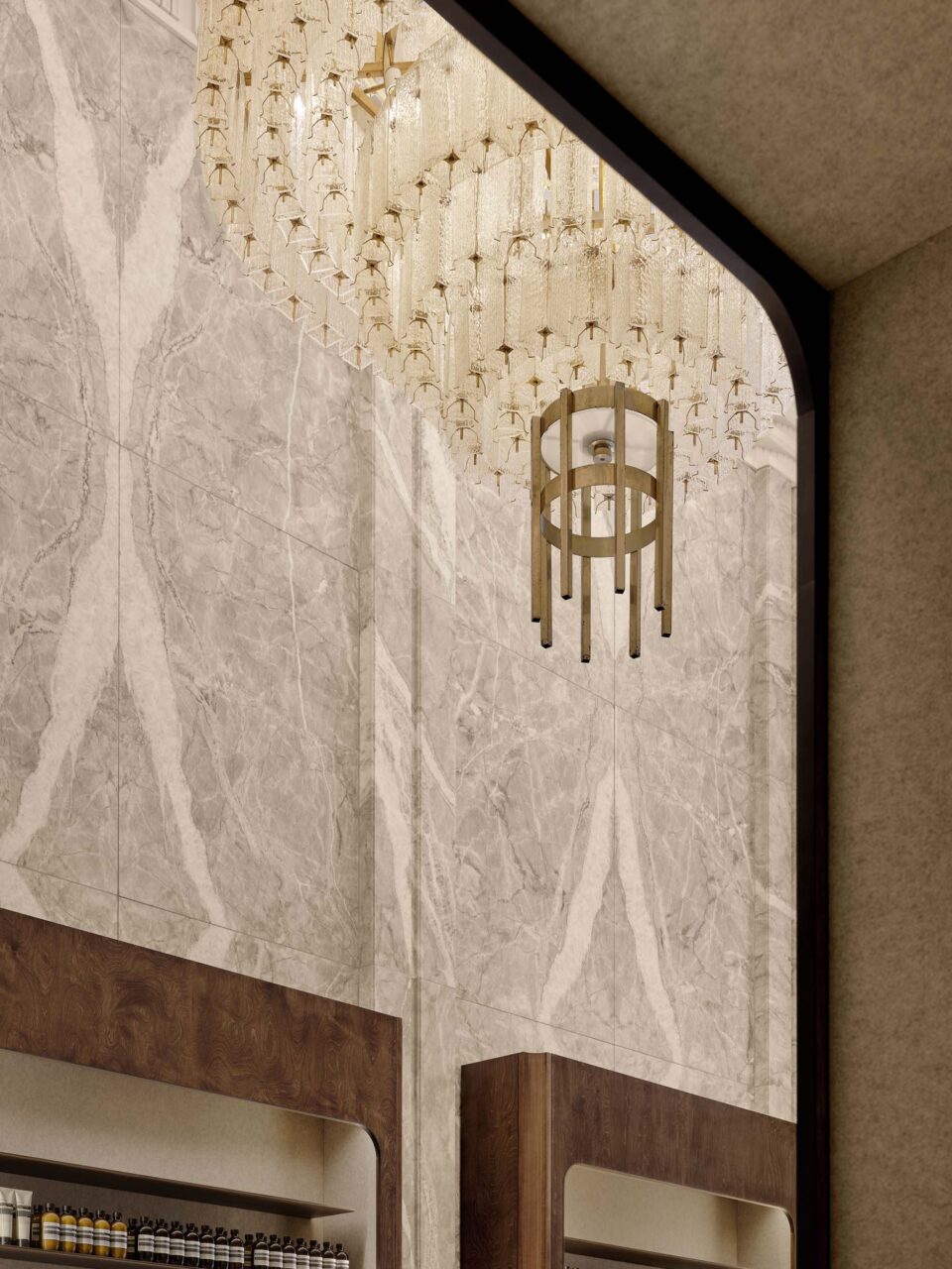 A chandelier hangs down Aesop wall street interior