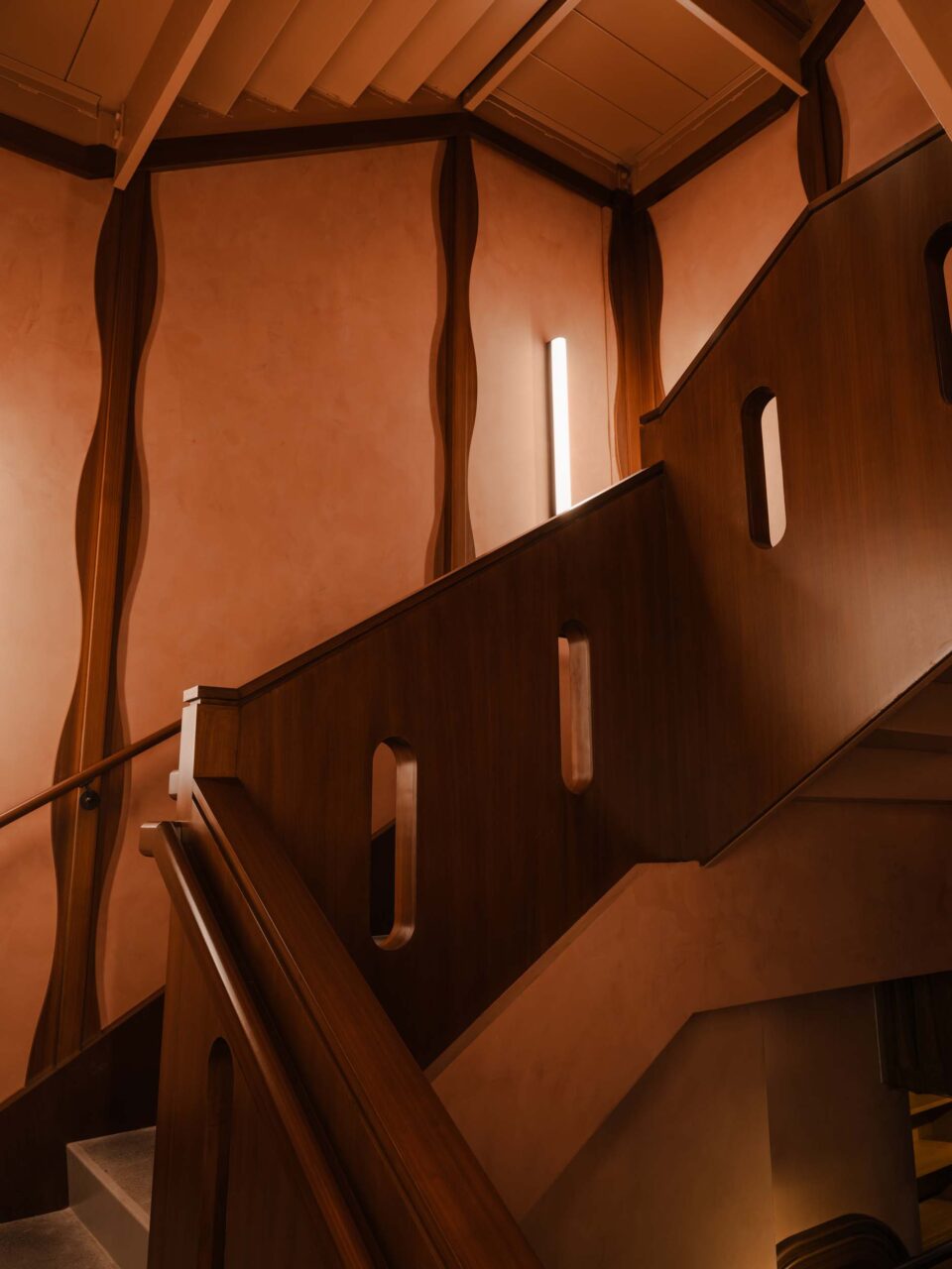 The wood-clad stairs at Charlie Fox