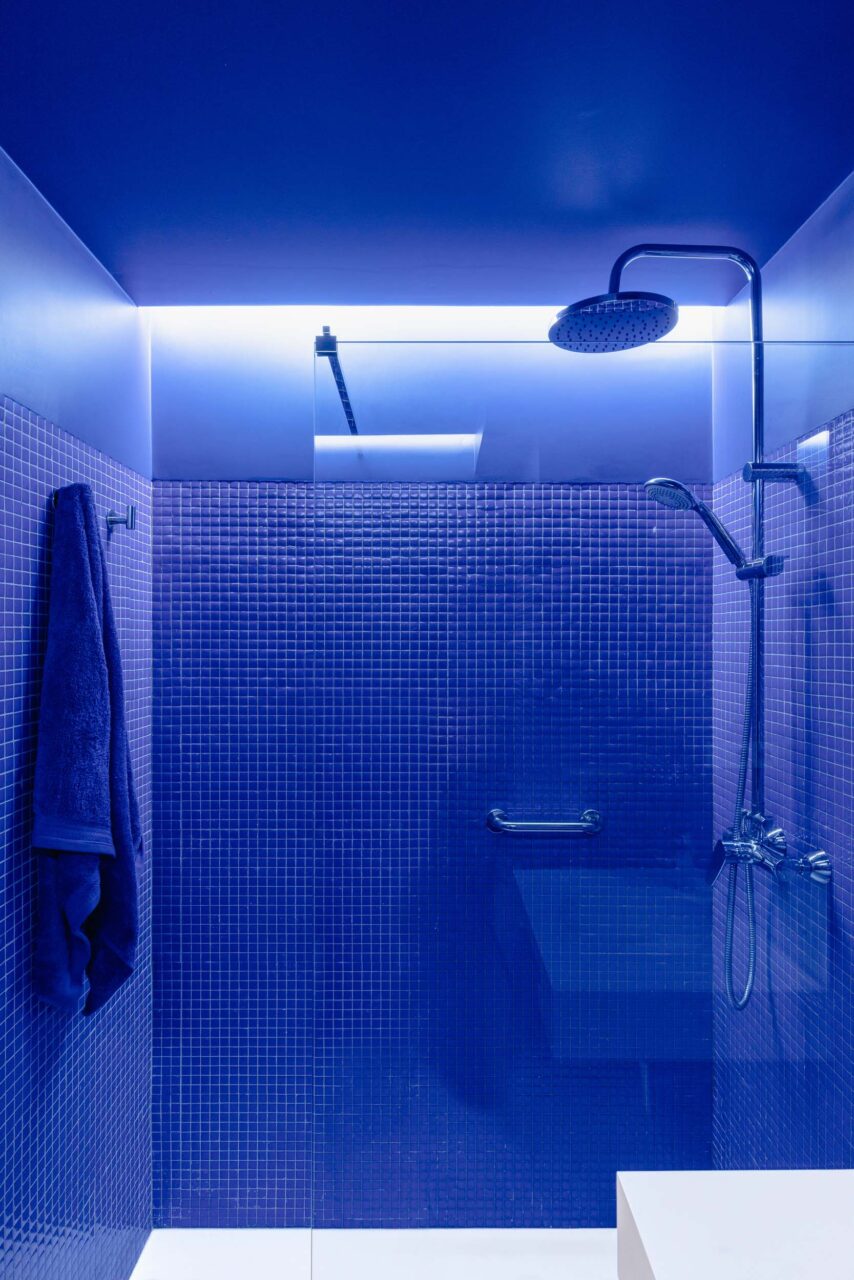 blue bathroom in unplanned domestic prototype