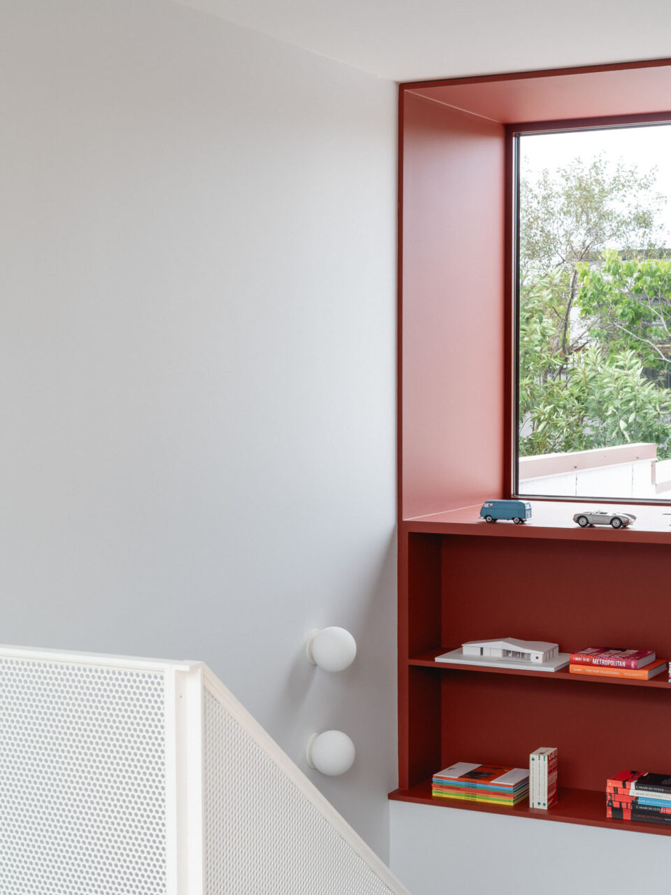 Red shelving in a duplex