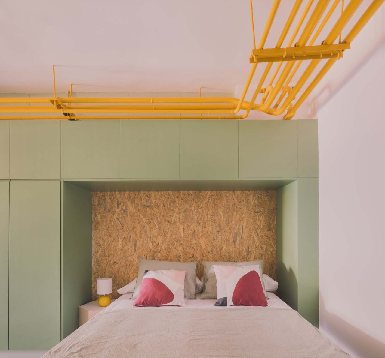 headboard for bed made with exposed wood chips