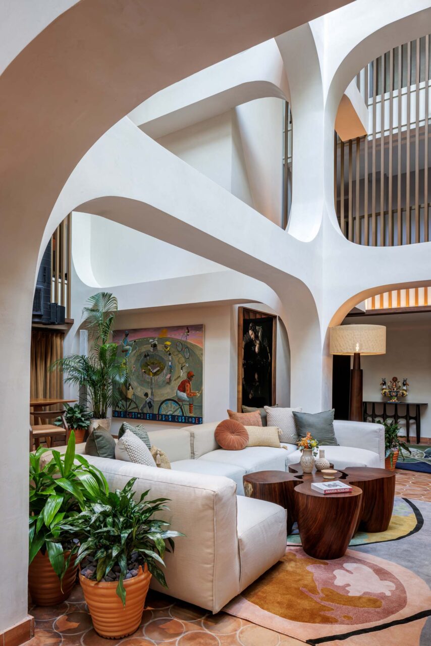 Geometrical sculptures stretch across four floors of rear atrium
