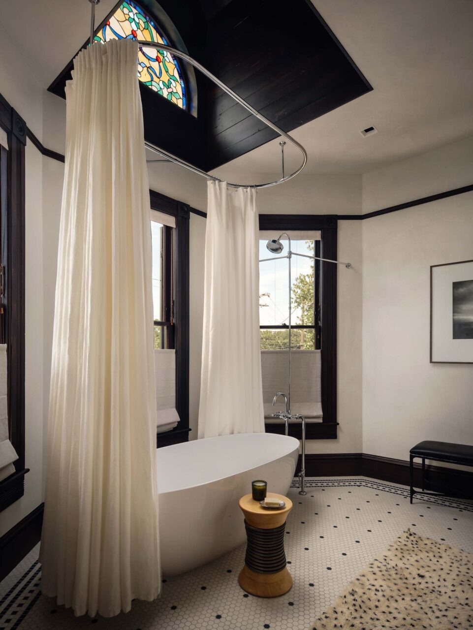bathroom with stained glass