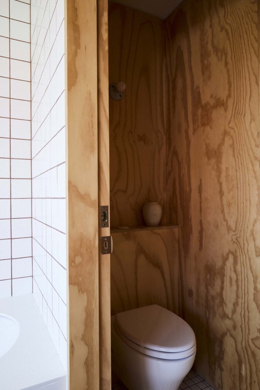 toilet in douglas fir-clad closet