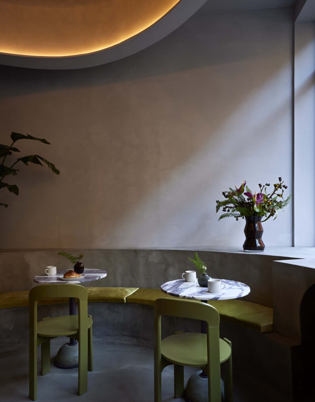 seating via banquettes in cafe