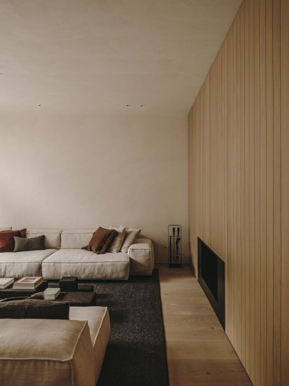 living room with oak wall panels