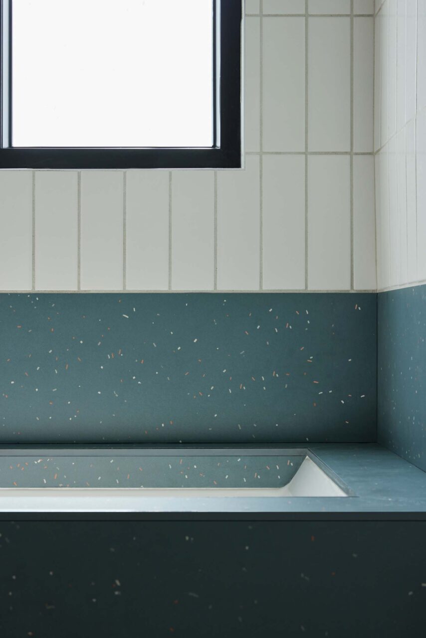blue terrazzo tile in bathroom