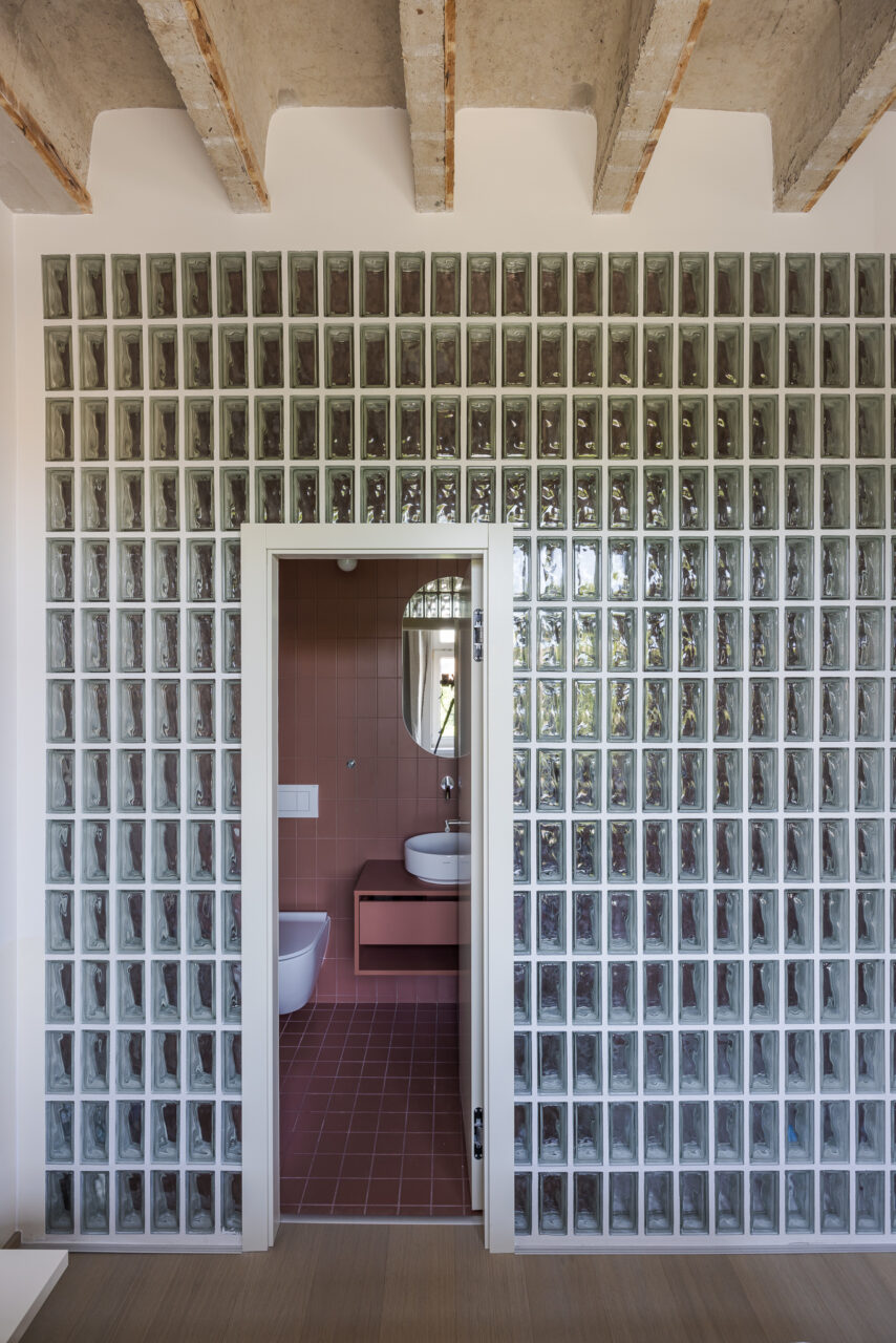 glass block divides bathroom from the rest of apartment