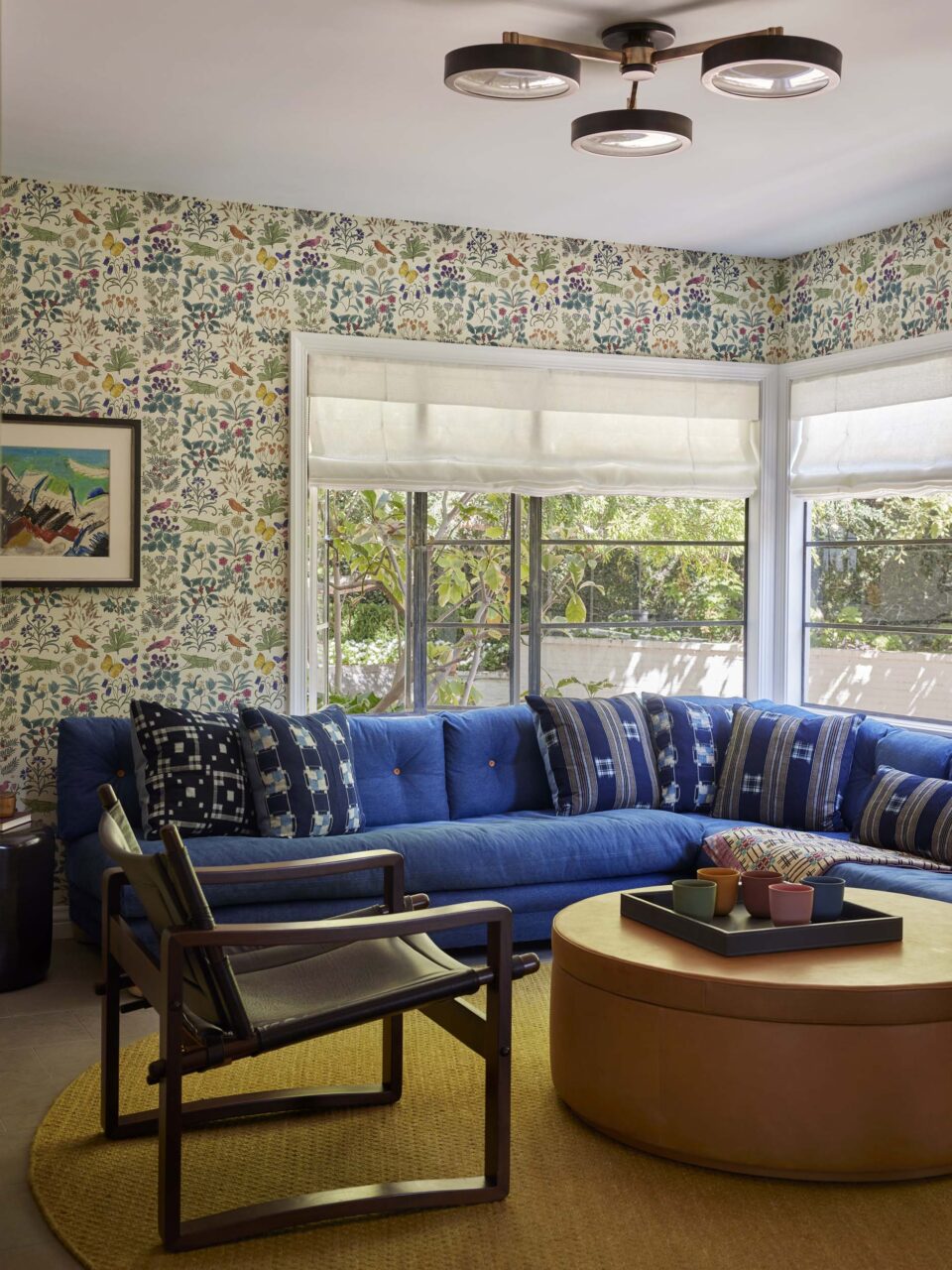 denim sofa in family room