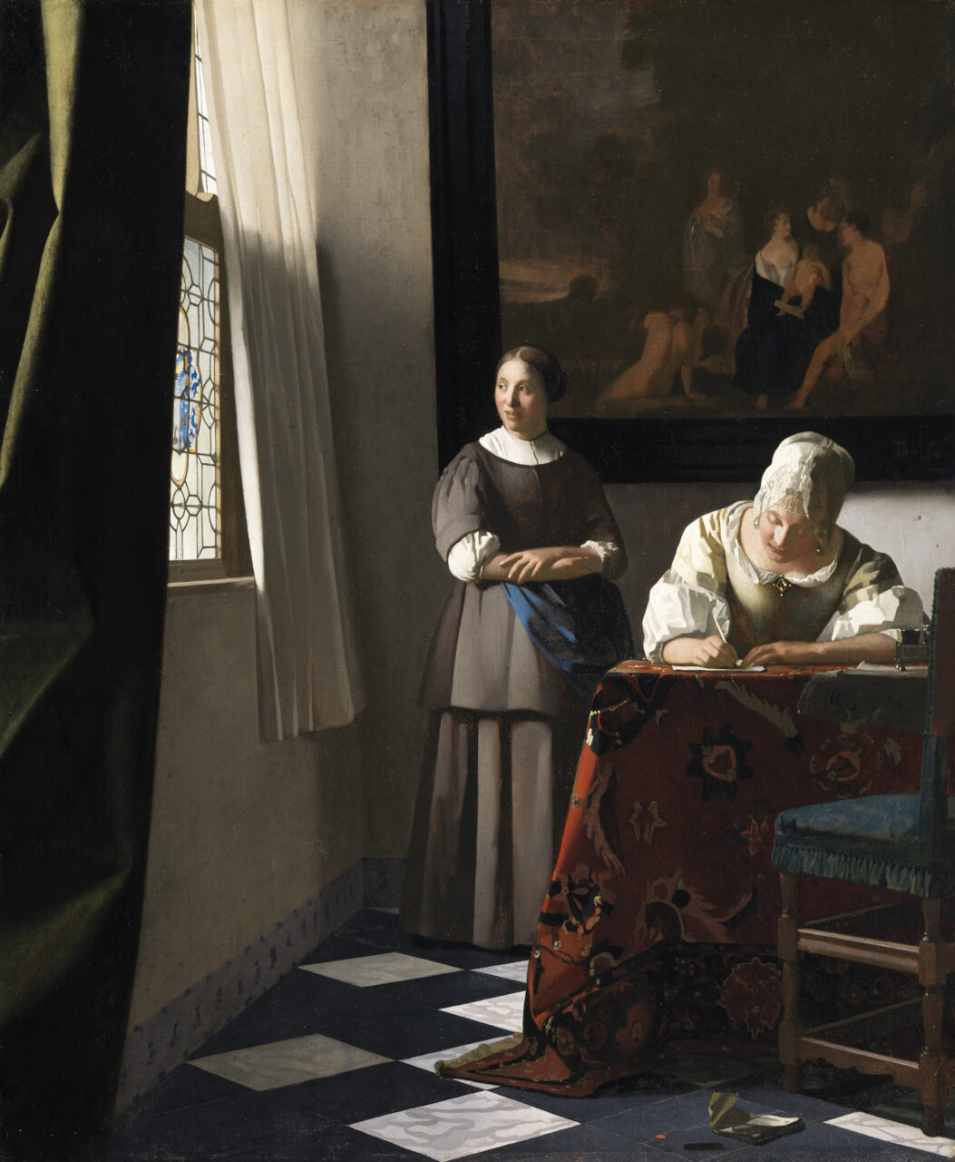 lady writing a letter with maid