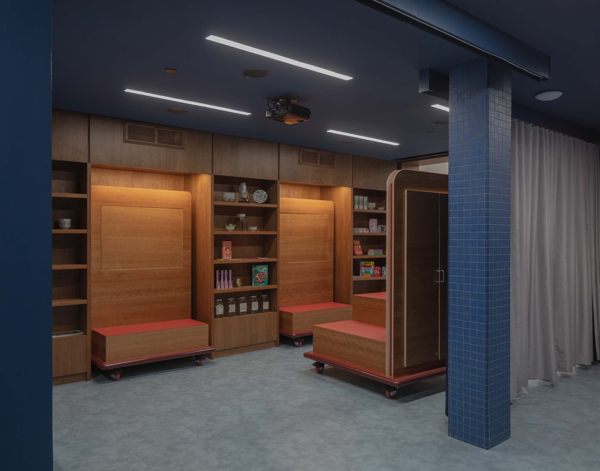 lounge clad in cherry wood and blue