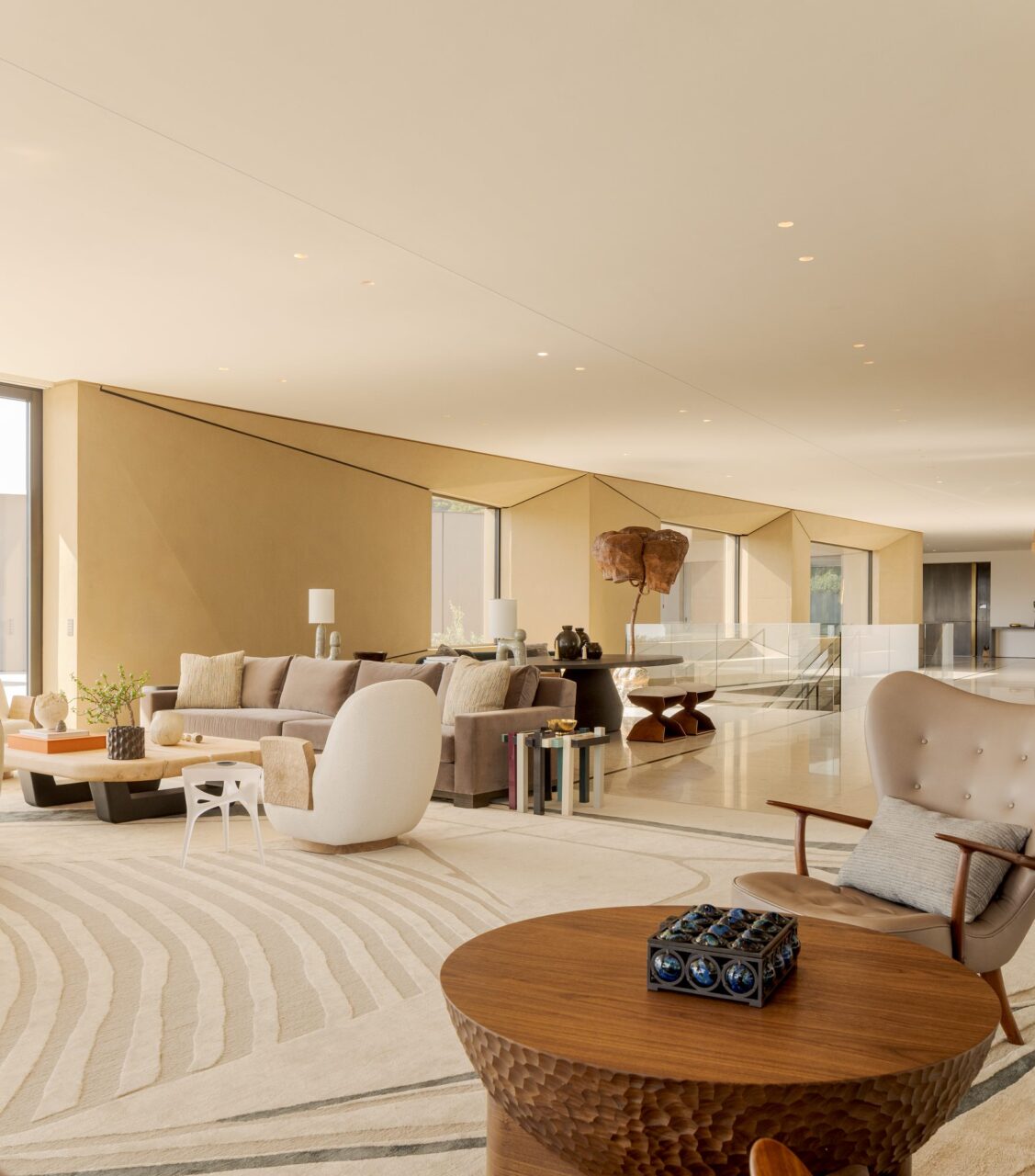 Living room with window panels set in frames