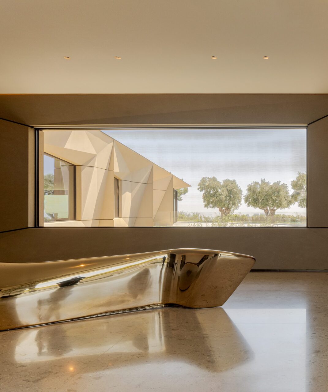 Window looking out at facade and trees