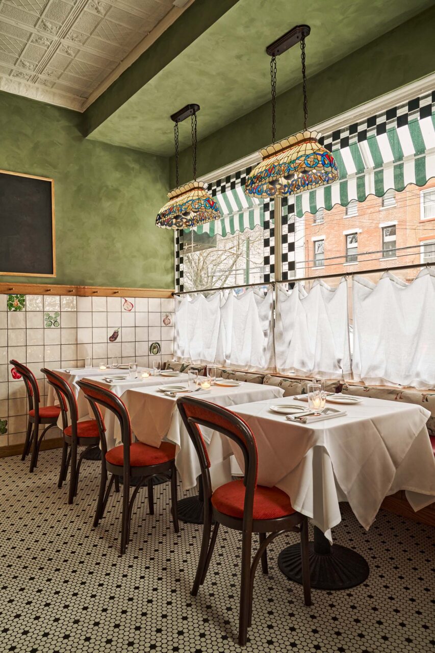 window nook at red hook restaurant with green wallpaper
