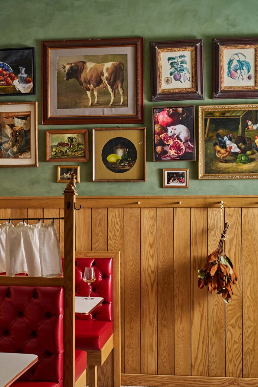 red booths along wood-panelled walls