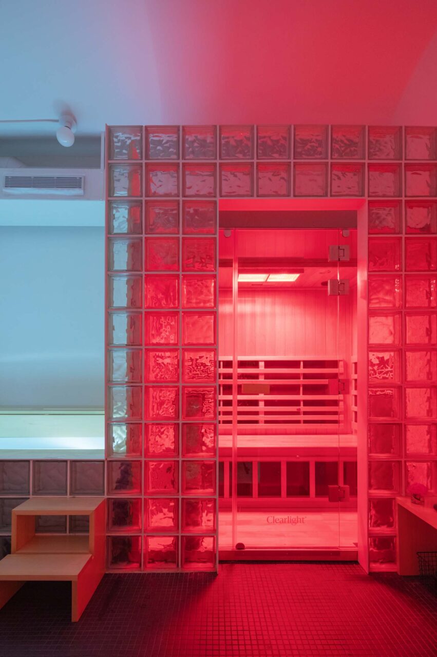 glass block frames red sauna