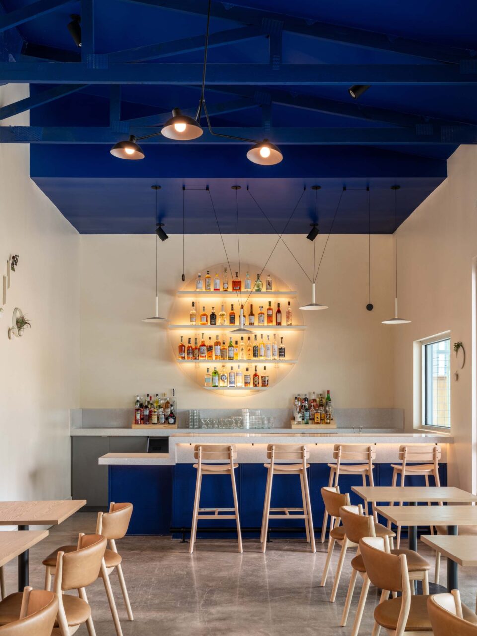 blue-painted bar counter