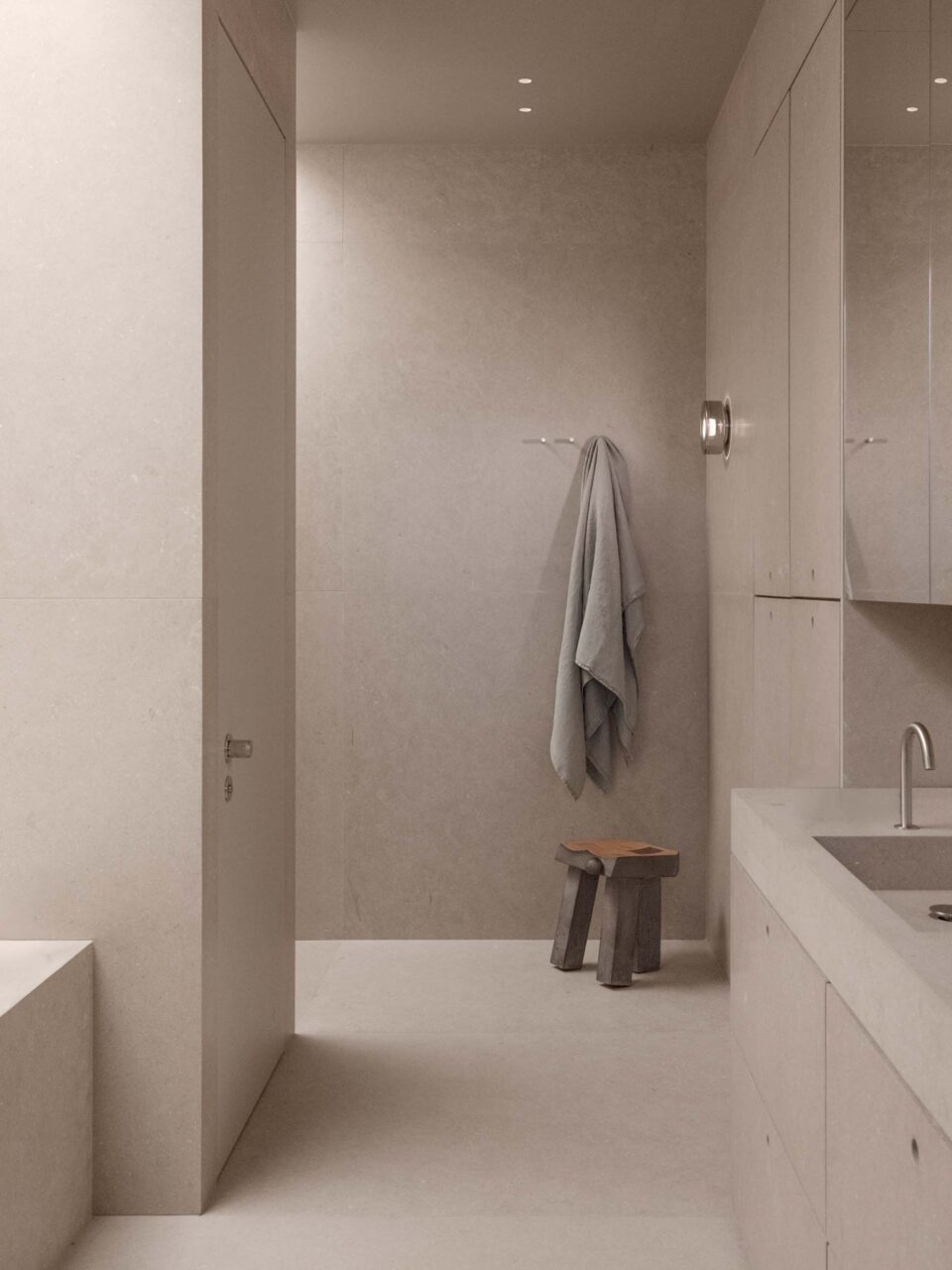 timber stool in shower
