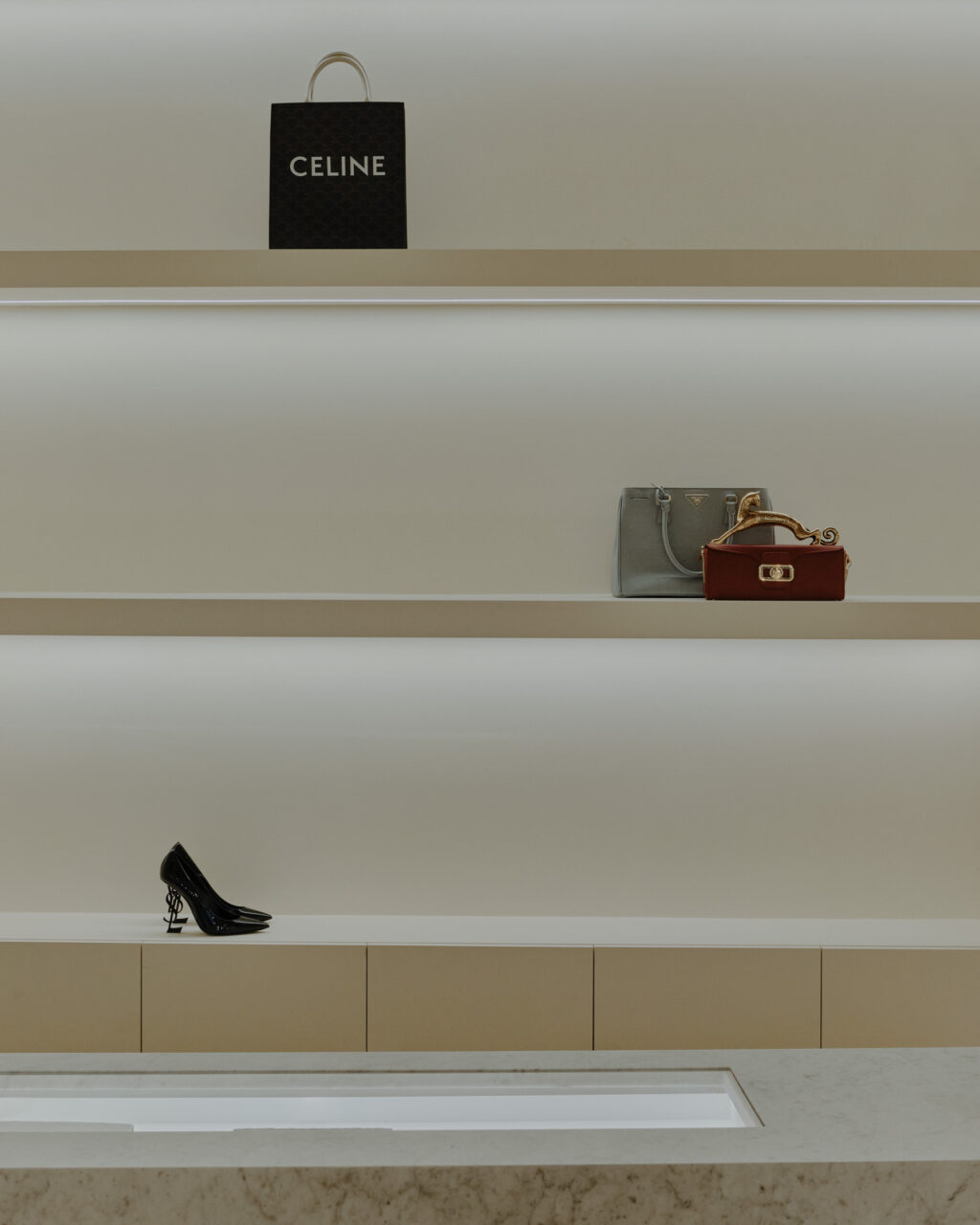 built-in shelving with bag and shoe