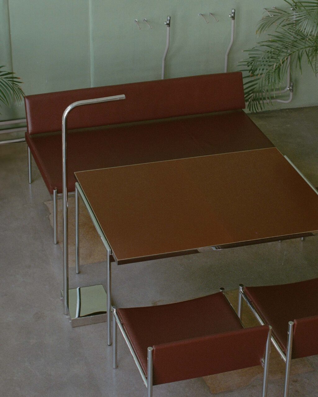 red leather furniture and composite table