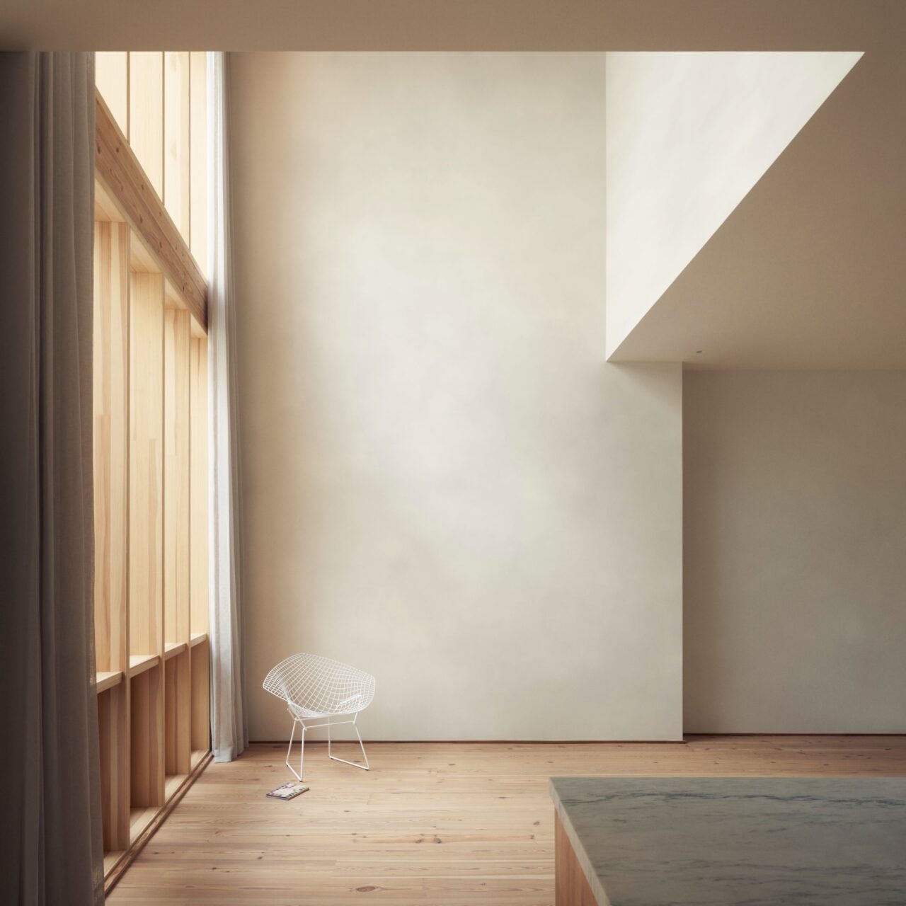 tall ceilings in white-clad room with tall windows
