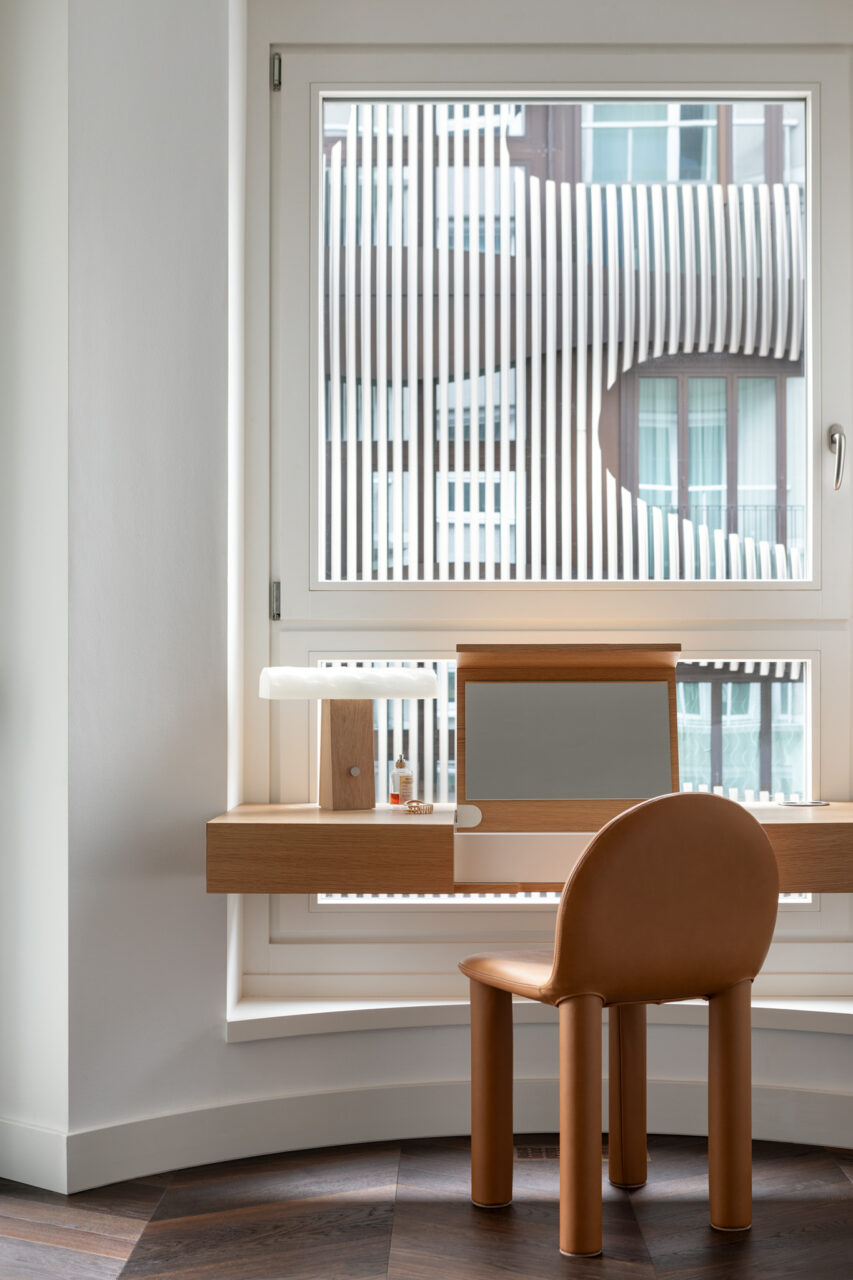 a desk with view of fun facade
