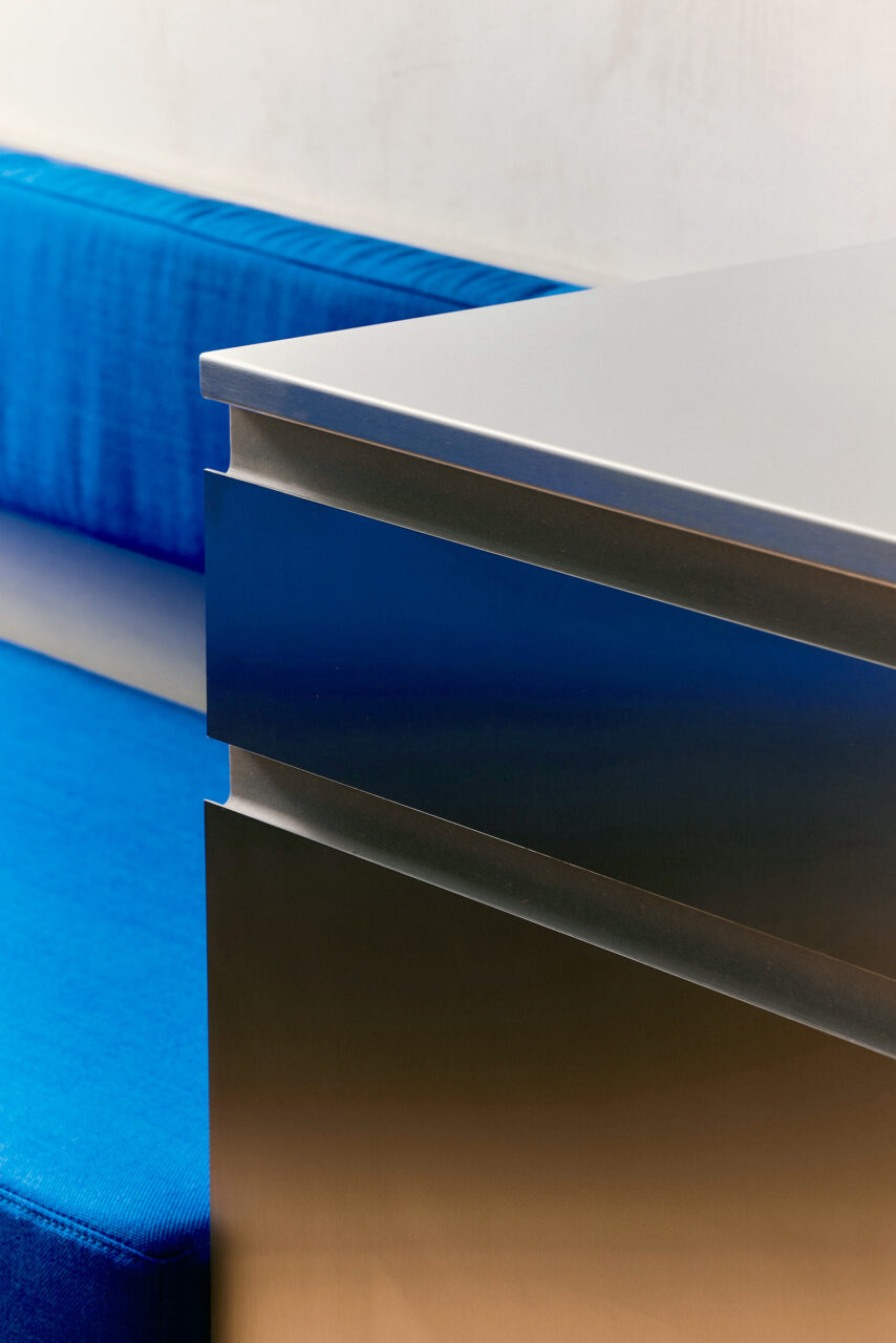 blue banquette meets counter